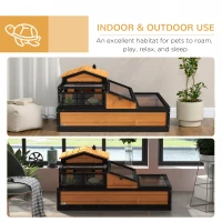 PawHut 3-Room Tortoise House Habitat with Balcony & 2 Stories, Indoor/Outdoor Wooden Tortoise Enclosure with Ladder, Tray, Openable Roof, Large Reptile Cage, 44" x 25.5" x 23", Yellow(m-8)