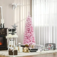 HOMCOM 5 FT Snow Flocked Artificial Christmas Tree, Pencil Xmas Tree with Realistic Branches, Auto Open and Steel Base, Pink(m-8)