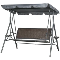 Outsunny 3-Seat Patio Swing Chair, Outdoor Canopy Swing Glider with Adjustable Shade, Rattan Seat and Steel Frame, for Porch, Garden, Poolside, Dark Grey(m-11)