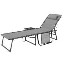 Outsunny Folding Outdoor Chaise Lounge Chair Tanning Chair with 5-Level Adjustable Back, Side Table, Pillow, Pocket, Gray(m-1)
