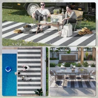 Outsunny Reversible Outdoor Rug, 9' x 18' Waterproof Plastic Straw Floor Mat, Portable RV Camping Carpet, Large Floor Mat for Backyard, Deck, Picnic, Beach, Gray & White Striped(m-5)