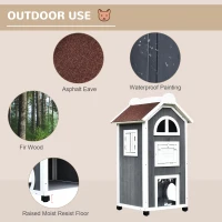 PawHut 43"H Wooden Cat House Outdoor with Hammock, Weatherproof 3-Floor Feral Cat Shelter with Escape Doors, Asphalt Roof, Inside Ladders, Gray(m-4)