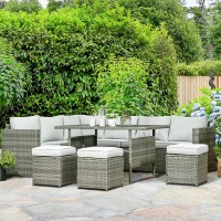 Outsunny Wicker Outdoor Patio Furniture Set, L-Shaped 7 Piece Outdoor Dining Sectional Sofa with Dining Table and Chair, Storage Loveseat, Ottomans and Cushions, Mixed Gray(m-10)