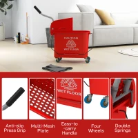 HOMCOM Compact Mop Bucket with Wringer, Mop Bucket on Wheels for Floor Cleaning, 21 Quart, Separate Dirty and Clean Water, Red(m-8)