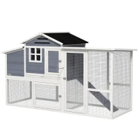 PawHut 76" Wooden Chicken Coop with Outdoor Run, Nesting Box, Removable Tray and Lockable Doors, Grey(m-2)