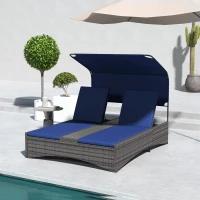 Outsunny PE Rattan Outdoor Double Chaise Lounge, Reclining Daybed with Canopy, Wood-Plastic Composite Middle Table, Dark Blue(m-10)
