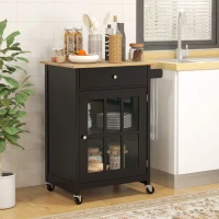 HOMCOM Rolling Kitchen Cart with Drawer and Glass Door Cabinet, Kitchen Island on Wheels with Towel Rack, Black(m-1)