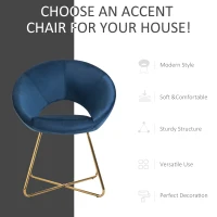 HOMCOM Modern Accent Velvet Chair Open Curved Mid-Back Upholstered Vanity Chair with Gold Plating Metal Legs for Living Room/Office/Reception Blue(m-4)
