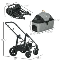 PawHut 2 in 1 Foldable Dog Stroller with Suspension, Detachable Carriage, Adjustable Canopy, Safety Leashes and Storage Basket, Grey(m-3)