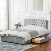 HOMCOM Full Bed Frame with Headboard, Double Bed Frame with 2 Drawers, No Box Spring Needed, Easy Assembly, Light Grey(m-1)