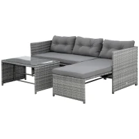 Outsunny 3 Piece Patio Furniture Set, Rattan Outdoor Sofa Set with Chaise Lounge & Loveseat, Soft Cushions, Tempered Glass Table, L-Shaped Sectional Couch, Charcoal(m-11)