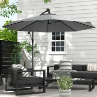 Outsunny 10ft Outdoor Cantilever Hanging Offset Umbrella with Solar LED Lights, Crank, Cross Base, Aluminum Frame, Grey(m-8)