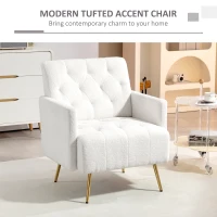 HOMCOM Upholstered Armchair, Modern Sherpa Accent Chair, Tufted Reading Chair for Living Room with Gold Steel Legs, White(m-4)