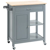 HOMCOM Kitchen Island Cart, Rolling Kitchen Island with Storage Shelf, Solid Wood Top, Drawer, for Dining Room, Gray(m-1)