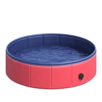 PawHut Folding Dog Pool Portable Pet Kiddie Swimming Pool, Outdoor/Indoor Puppy Bath Tub with Nonslip Bottom for Dogs & Cats,  (Φ32", Red)(m-11)