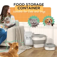 PawHut 6-30lb Dog Food Storage Container Collapsible Design with Airtight Lids, Rolling Wheels, Cup, Bowl, Spoon, Grey(m-4)