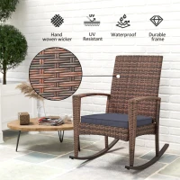 Outsunny Outdoor PE Rattan Rocking Chair, Garden Glider Rocking Chair, Wicker Patio Chair Set with Armrest and Cushion, Dark Blue(m-4)