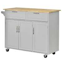 HOMCOM Mobile Kitchen Island with Storage, Kitchen Cart with Wood Top, Storage Drawers, 3-door Cabinets, Adjustable Shelves and Towel Rack, Gray(m-11)