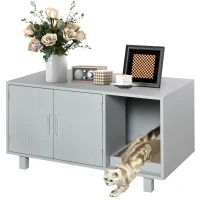 PawHut Wooden Cat Washroom Pet Litter Box Enclosure Kitten House Nightstand End Table with Scratcher Magnetic Doors Grey(m-2)