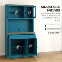 HOMCOM 71" Pantry Cabinet with Microwave Space, Buffet with Hutch, 2 Drawers, Adjustable Shelves and Glass Doors, Navy Blue(m-5)