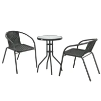 Outsunny 3 Pieces Outdoor Wicker Furniture Set with 2 Stackable Chairs, Tempered Glass Coffee Table for Garden, Backyard, Black(m-2)