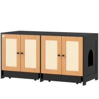 PawHut Cat Litter Box Enclosure w/ 2 Cabinets, Scratching Mats & Trays for 2 Cats or Kittens, Black(m-1)