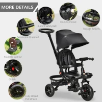 Qaba Tricycle for Toddler 4 in 1 Kids Trike with Reversible Adjustable Seat, Baby Push Bike with Removable Handle, Canopy, Belt Storage Brake Clutch for 1-5 Years, Black(m-10)
