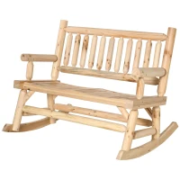 Outsunny 2-Person Wood Rocking Chair with Log Design, Heavy Duty Loveseat with Wide Curved Seats for Patio, Backyard, Garden, Natural(m-11)