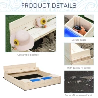 Outsunny Kids Wooden Sandbox w/ Two Plastic Boxes Foldable Bench Seat Waterproof Cover Bottom Liner Storage Space(m-7)