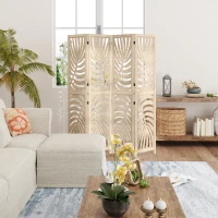 HOMCOM 4 Panel Room Divider, Detachable Folding Privacy Screens with Palm Leaf Design for Home Office, Natural Wood Finish(m-10)