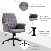 HOMCOM Linen Computer Desk Chair Tufted Height Adjustable Home Office Chair with Swivel Wheels and Padded Armrests Dark Gray(m-6)