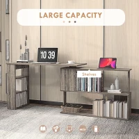 HOMCOM 360° Rotating L Shaped Desk, Corner Computer Desk with Storage Shelves for Home Office, Grey(m-4)