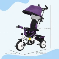 Qaba 6 in 1 Toddler Tricycle Stroller with Basket, Canopy, 5-point Safety Harness, for 12-60 Months, Purple(m-3)