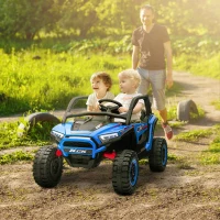 Qaba 2 Seater 24V 7AH Ride on Truck, Electric Car for Kids w/ Spring Suspension, Remote Lights, Horn, Music, Blue(m-1)