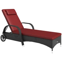Outsunny Outdoor Lounger, Deck Lounge Chair with Headrest, 5-Level Adjustable, Backrest, Wheels, Deep Coffee and Wine Red(m-11)