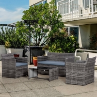 Outsunny 4 Pieces Patio Furniture Set with Cushions, Outdoor PE Rattan Wicker Conversation Garden Sofa Set with 2-Seater Chairs & Glass Coffee Table, Grey