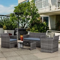 Outsunny 4 Pieces Patio Furniture Set with Cushions, Outdoor PE Rattan Wicker Conversation Garden Sofa Set with 2-Seater Chairs & Glass Coffee Table, Grey(m-1)