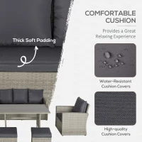 Outsunny 6 PCS Rattan Outdoor Dining Set Patio Dining Table and Chair Set with Plastic Wood Top Dining Table, Cushions, Grey(m-5)