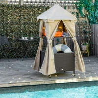 Outsunny Outdoor Towel Valet Caddy, Covered Poolside Towel Holder Rack, Shelf, Basket, Rolling PE Rattan Wicker Storage on Wheels, Beige(m-10)