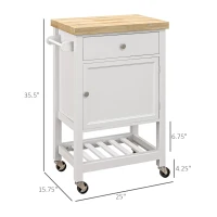 HOMCOM Kitchen Island on Wheels, Rolling Kitchen Cart with Rubberwood Top, Drawer, Wine Rack and Cabinet, White(m-3)