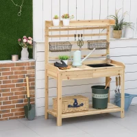 Outsunny Potting Bench Table, Garden Work Bench, Workstation with Metal Sieve Screen, Removable Sink, Additional Hooks and Baskets for Patio, Courtyards, Balcony, Natural(m-10)