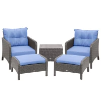 Outsunny 5 Pieces Rattan Wicker Lounge Chair Outdoor Patio Conversation Set with 2 Cushioned Chairs, 2 Ottomans and Tempered Glass Top Coffee Table, Gray/Blue(m-11)