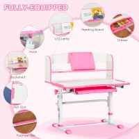 Qaba Kids Desk and Chair Set Height Adjustable Student Writing Desk Children School Study Table with LED Lamp, Bookshelf, Drawer, Reading Board, Pen Slot, Hook, Pink(m-6)