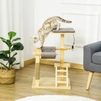 PawHut 25.5" Cat Tree Kitty Activity Center Pinewood Cat Climbing Toy Indoor Outdoor Pet Furniture with Jute Scratching Post Bed Perch Hanging Toy Ladder Cushion Natural(m-1)