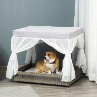 PawHut Wicker Dog House for Indoor Outdoor, Elevated Pet Sofa, Rattan Cat Bed for Garden Patio, Weatherability Roof for Medium-Sized Dogs, Grey(m-1)