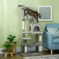 PawHut Tall Cat Tree for Indoor Cats, 56" Multi-Level Cat Tower with Hammock, Cat Bed, Cat Condo with Sisal Scratching Posts, Grey(m-1)