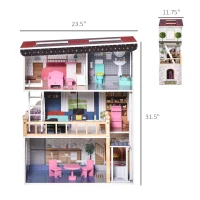 Qaba 13 PCS Kids 3-Story Dollhouse, Dreamhouse Villa, for Toddler, Little Girls, Multi-level House, with Elevator, Furniture Accessories Kit, for 3-6 Years Old, Pink(m-3)