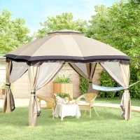 Outsunny 12' x 10' 2-Tier Outdoor Gazebo Canopy Tent for Patio with Zippered Mesh Sidewalls, Solid Steel Frame, Arched Roof, Beige(m-1)