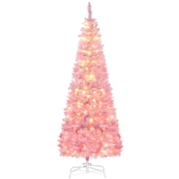 HOMCOM 6 Foot Prelit Snow Flocked Artificial Christmas Tree with Pencil Shape, 500 Pine Realistic Branches, Warm White LED lights, Auto Open, Pink and White(m-11)