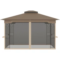 Outsunny 12' x 10' Soft-top Patio Gazebo Covered Gazebo Backyard Tent with Double Tier Roof and Netting Sidewalls, Brown(m-7)